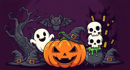 Various cute and spooky Halloween characters on purple background