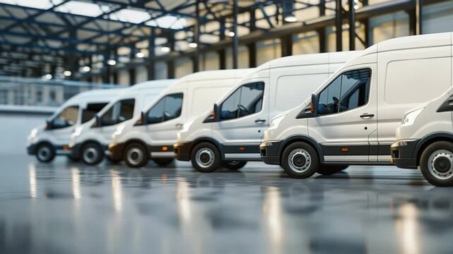 Row of new white vans parked inside spacious industrial area