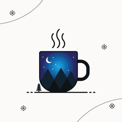 Cozy Winter Nights: A Vector Illustration of a Steaming Mug with a Starry Mountain Landscape and Crescent Moon, Ideal for Coffee and Travel Brands