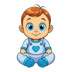 Cute cartoon baby sitting isolated on white background with blue clothes