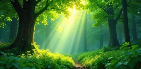 Lush, vibrant green forest canopy, sunlight dappling through leaves, creating a magical, tranquil atmosphere Perfect for nature, environment, and ecology themes , shadows, vegetation, lush