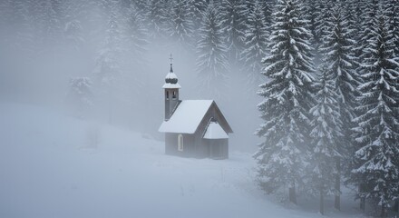 A small, snow-covered church nestled in a misty winter forest.