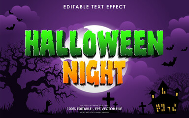 Editable halloween night text effect with purple Halloween theme background, gravestones, full moon