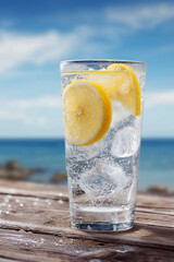 Refreshing Lemon Sparkling Water with Ocean View on Summer Day
