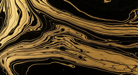 Flowing Liquid Marble Texture with Black and Gold Colors Swirling, Abstract Background