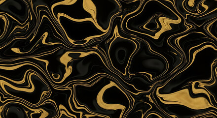 Flowing Liquid Marble Texture with Black and Gold Colors Swirling, Abstract Background