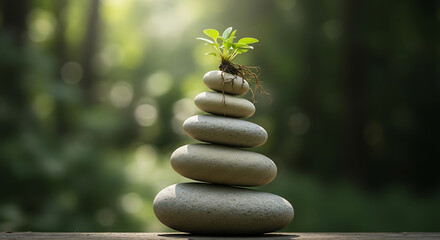 Balanced Stones Stack with Small Plant Growing on Top, Business Stability and Growth Concept