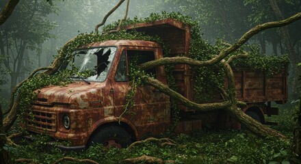 A rusty, abandoned truck overgrown with vines and foliage, resting in a dense, misty forest.