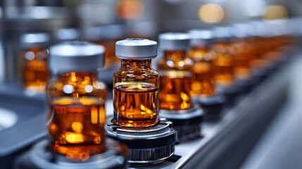 Amber Glass Vials on a Conveyor Belt in a Pharmaceutical Factory