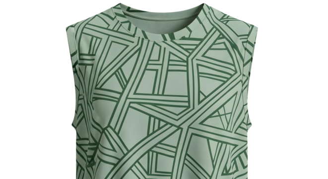 Green Geometric Pattern Sleeveless Top - Lightweight Fitness Tee with High-Contrast Borders