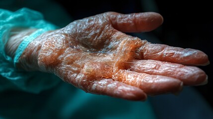 Fototapeta premium Close up Of A Hand Holding A Translucent Granular Gel Substance In A Lab Setting (Macro Photography) Description This is a macro image depicting a hand holding a translucent granular gel substance