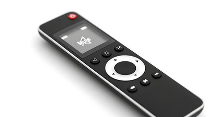 Close up of a sleek black remote control with a mute icon displayed on its screen on white backdrop