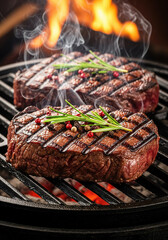 Two grilled beef steaks on a cast-iron grate garnished with rosemary and pink black peppercorn. AI-Generated