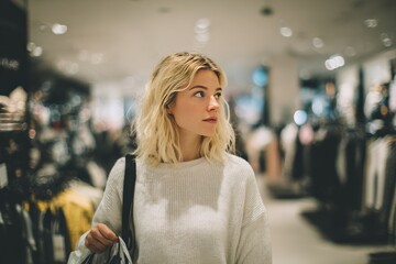 Fototapeta premium Beautiful woman shopping in supermarket and deciding what to buy, generated AI