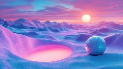 Snowy landscape, sunset, golf ball in a hole