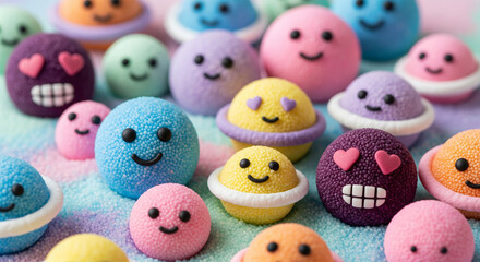 Colorful Smiling Spheres with Faces, Various Colors and Expressions.