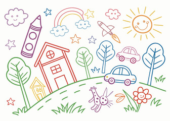 Fototapeta premium Joyful kid crayon drawing of a tiny town with hand-drawn school, trees, rainbow, sun, cloud, and playful cat. Cute children’s seamless pattern background for learning materials.