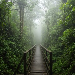 Misty rainforest path leads to a wooden footbridge disappearing into the fog.