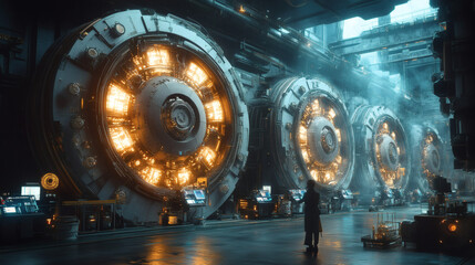 Design a dark futuristic power room pulsing with electricity