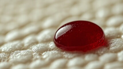 Macro Photograph Of A Single Drop Of Red Liquid On A Textured Beige Surface With Subtle Light Reflections.  Close Up Details.  Perfect for Medical Science or Biology Topics.   The Drop Is Isolated