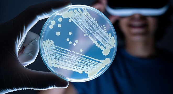 Researcher using virtual reality to analyze bacterial growth in a petri dish. - Powered by Adobe