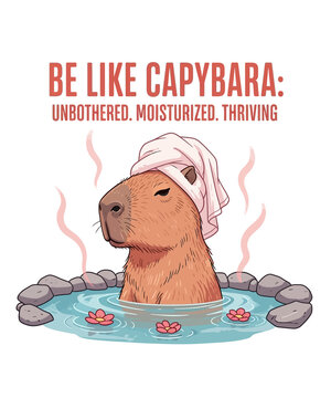 Funny capybara in a hot spring with a towel on its head and the text Be Like Capybara Unbothered, Moisturized, Thriving