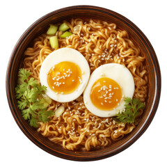 Delicious ramen noodles topped with soft boiled eggs, sesame seeds, and fresh herbs create comforting dish. Perfect for cozy meal or quick snack