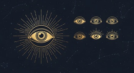 Mystical golden all-seeing eyes and constellations shimmer against a dark starry night sky, evoking cosmic wonder and spiritual insight for your projects