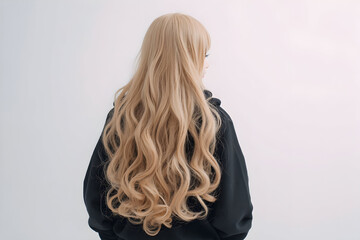 Naklejka premium Back view of a woman with long blonde wavy hair wearing a black hoodie against a white background .