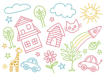 Fototapeta premium Adorable summer doodle pattern of children’s crayon drawings with rainbow, tree, flower, sun, and cat. Seamless vector background ideal for baby products or early education resources.