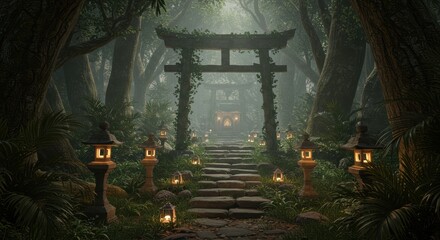 Misty forest path with a traditional Japanese torii gate, lit by lanterns.
