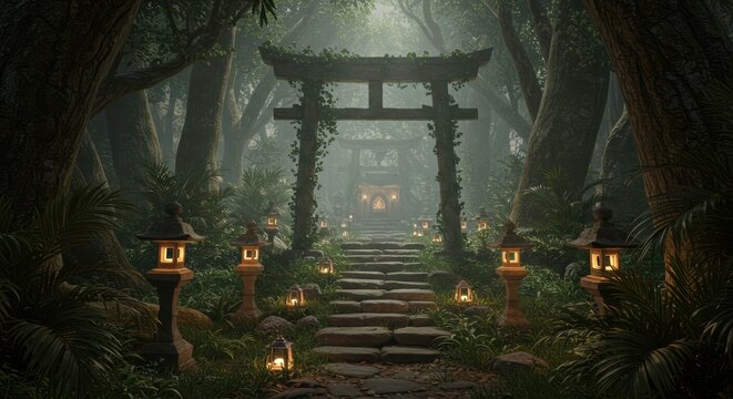 Misty forest path with a traditional Japanese torii gate, lit by lanterns. - Powered by Adobe