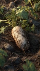 Large carrot in garden soil