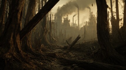 Industrial Pollution in a Forested Landscape During Golden Hour Light