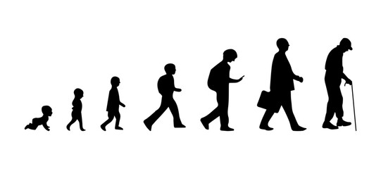 Life cycles of man from a little baby to senior man silhouette. the process of generational people.