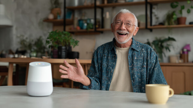 Happy senior man interacting with smart voice assistant at home