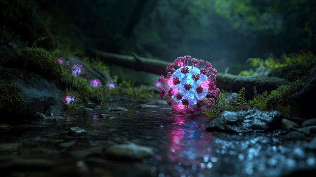 Glowing virus in dark forest stream