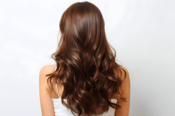 Naklejka premium Back view of a woman with long wavy brown hair against a white background wearing a white tank top .