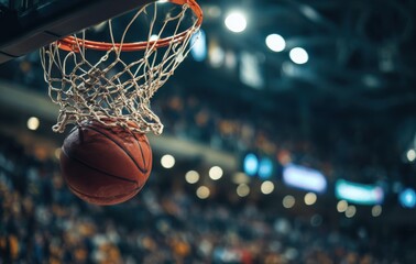Fototapeta premium Close-Up of Basketball Entering Net in Exciting Sports Venue
