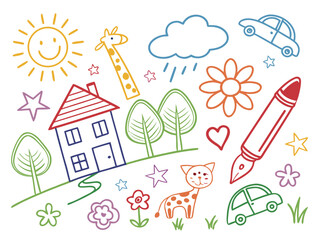 Colorful child sketch in crayon style of a playful town scene with rainbow, house, flower, and cat. Seamless hand-drawn background vector for baby room art or preschool design themes.

