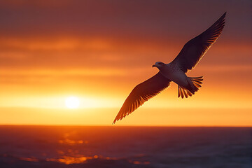 Silhouette of a seagull in flight against a sunset over the ocean.