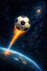 Naklejka premium Soccer ball launching from Earth into outer space with fiery trail for sports fantasy artwork or cosmic football concept