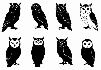 Collection of Diverse Owl Silhouettes and Vector Illustrations, Featuring Various Species and Artistic Styles, Perfect for Design Projects