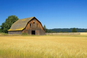 Obraz premium Barn in open wheat field with clear sky