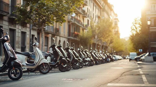 Row of parked scooters on city street at sunset