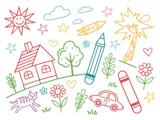 Seamless summer preschool background with hand-drawn crayon doodles of rainbow, flower, cat, and sun. Colorful child sketch vector illustration for baby or school design projects.

