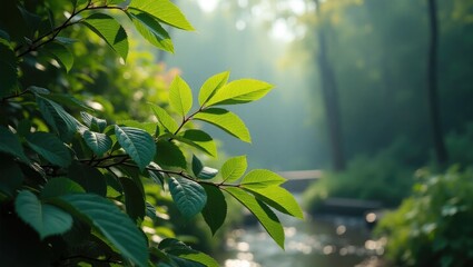 Close-up of vibrant green leaves bathed in morning light.