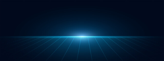 Tech Grid of Curved 3D Stage. Perspective Grid Floor. VR Virtual Reality Metaverse Environment. Abstract Dark Surface with light effect vector illustration.