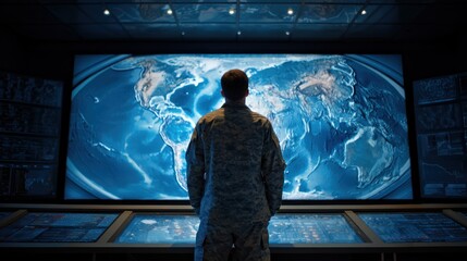 Military personnel in control room looking at world map