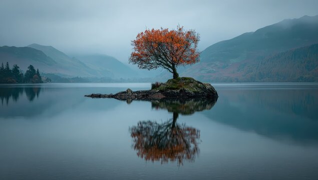Solitary autumn tree on a small island, reflected in a still lake, with misty mountains in the background - Powered by Adobe